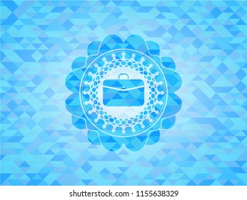 business briefcase icon inside light blue emblem with mosaic background