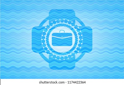 business briefcase icon inside light blue water wave style emblem.