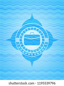 business briefcase icon inside light blue water wave style badge.