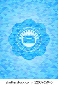 business briefcase icon inside light blue emblem with mosaic background