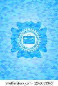 business briefcase icon inside light blue emblem with mosaic background