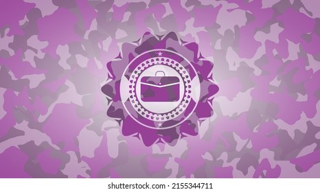 business briefcase icon inside pink and purple camouflaged emblem. 