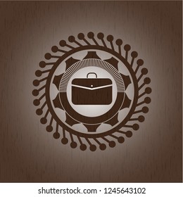 business briefcase icon inside realistic wooden emblem