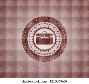 business briefcase icon inside red seamless emblem or badge with geometric pattern background.