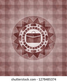 business briefcase icon inside red emblem with geometric pattern background. Seamless.