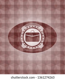 business briefcase icon inside red seamless emblem or badge with abstract geometric polygonal pattern background.