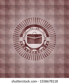 business briefcase icon inside red emblem with geometric pattern background. Seamless.