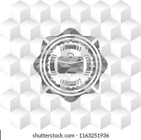 business briefcase icon inside retro style grey emblem with geometric cube white background