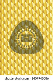 business briefcase icon inside shiny golden badge. Scales pattern. Vector Illustration. Detailed.