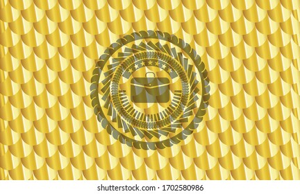 business briefcase icon inside shiny golden emblem. Scales pattern. Vector Illustration. Detailed. 