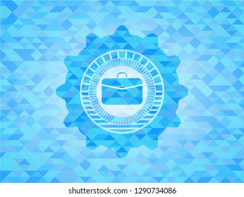 business briefcase icon inside sky blue emblem with mosaic ecological style background