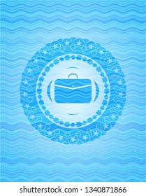 business briefcase icon inside sky blue water badge background.