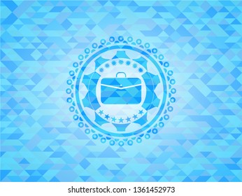 business briefcase icon inside sky blue emblem with mosaic background