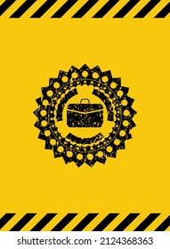 business briefcase icon inside warning sign, black grunge emblem. Vector Illustration. Detailed. 