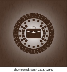 business briefcase icon inside wooden emblem. Vintage.