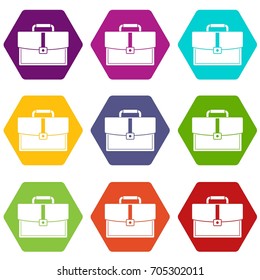 Business briefcase icon set many color hexahedron isolated on white vector illustration