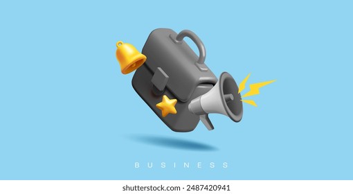 Business briefcase, loudspeaker, bell, 3D. For business, work, important announcements, management, and marketing concepts. Vector