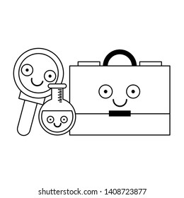 Business briefcase with magnifying glass and flask smiling cartoons vector illustration graphic design