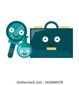 Business briefcase with magnifying glass and flask smiling cartoons vector illustration graphic design