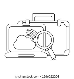 Business briefcase and magnifying glass laptop with cloud computing in black and white