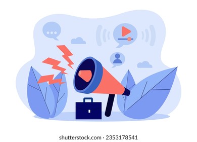 Maletín comercial con ilustración de vector megáfono. Medios sociales y email marketing y publicidad para el desarrollo de marca. Marketing y marca digital, negocio, concepto de publicidad