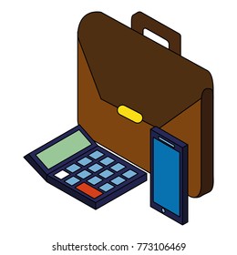 business briefcase mobile and calculator isometric