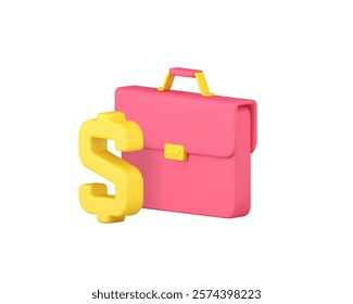 Business briefcase money dollar currency profit wealth 3d icon realistic vector illustration. Financial portfolio bag banking commercial economy document efficiency and productivity