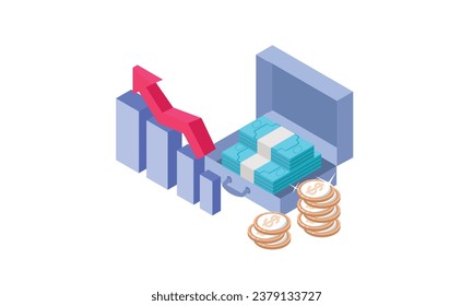 Maletín de negocios junto a la gráfica y flecha y columnas de monedas con signo de dólar, ayuda financiera comercial o ganancia de dinero.sobre fondo blanco.Diseño 3D.diseño vectorial isométrico Ilustración.