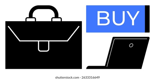 Business briefcase, open laptop, and blue BUY button. Ideal for online shopping, e-commerce, business, retail, digital marketing, web development, virtual transactions. Line metaphor