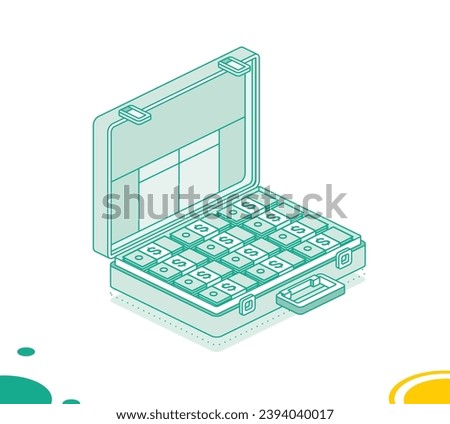 Business briefcase with packs of dollars. Isometric outline concept. Vector illustration. 3d object.