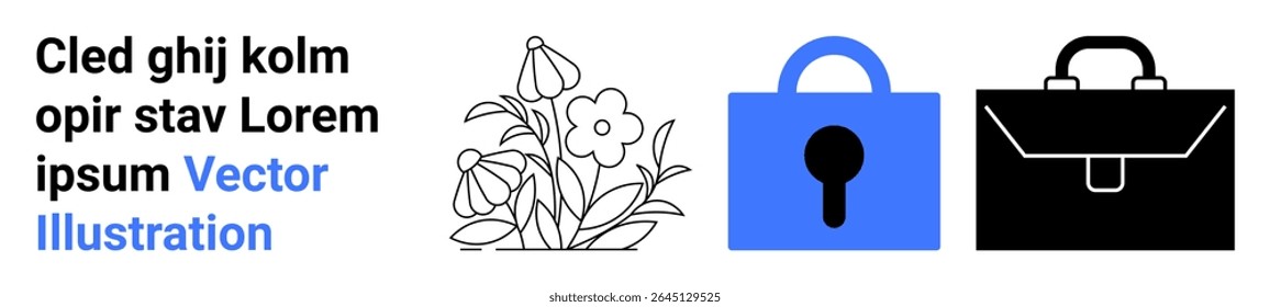 Business briefcase, padlock, and floral elements next to a sample text block. Ideal for business security, digital privacy, data protection, office themes, floral accents, web design, and educational