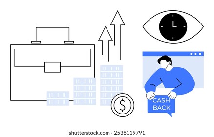 Maleta de negócios, gráficos de seta ascendente, pilhas de dinheiro, olho com relógio indicando gerenciamento de tempo e uma pessoa com sinal de cashback. Ideal para gerenciamento financeiro, crescimento empresarial, investimento