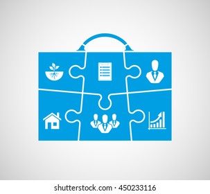 Business briefcase. Six steps of a successful person. Infographic process diagram presentation. Puzzle suitcase with different icons. Compare service banner. Design shape form