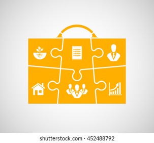 Business Briefcase. Six Steps Of A Successful Person. Infographic Process Diagram Presentation. Puzzle Suitcase With Different Icons. 