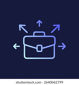 Business briefcase surrounded by expanding arrows. Icon symbol illustration