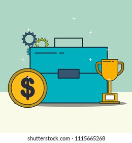 business briefcase trophy and money coin