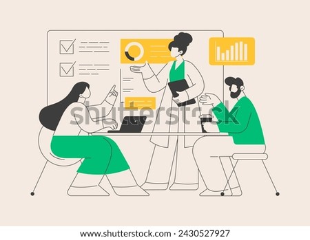 Business briefing abstract concept vector illustration. Teamwork task discussion, business strategy communication, hold a meeting, department manager, financial data report abstract metaphor.