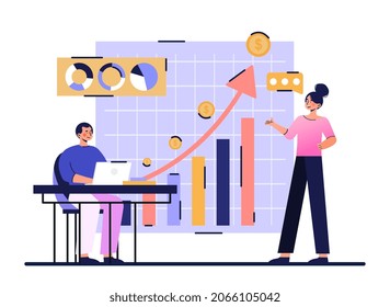 Business briefing concept. Man and woman analyze statistics and draw up task plan for development of company. Characters ponder strategies for achieving success. Cartoon flat vector illustration