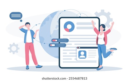 Business briefing concept. Man and woman near tablet with graphs and diagrams. Business strategy and planning. Seminar and conference. Brainstorming and partnership. Flat vector illustration