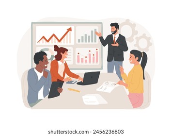 Business briefing isolated concept vector illustration. Teamwork task discussion, business strategy communication, hold a meeting, department manager, financial data report vector concept.