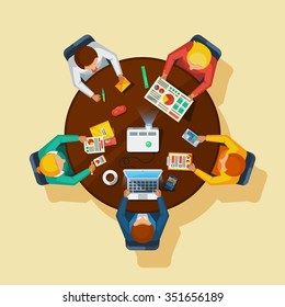 Business briefing meeting top view office round wooden table with tablet calculator projector and notebook flat vector illustration