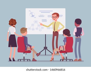 Business briefing in the office. Meeting for employees, new project information and instruction, managers brainstorming, negotiating about agreement or contract. Vector flat style cartoon illustration