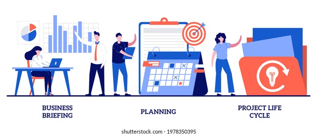 Business briefing, planning, project life cycle concept with tiny people. Project management vector illustration set. Task assignment, business case, financial data report, risk management metaphor.