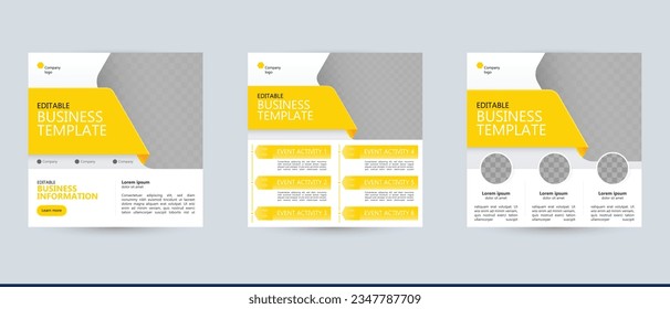 business brochure ad social media post template background with timeline agenda podcast schedule interview conference text and image layout. white yellow vector banner for marketing and advertising