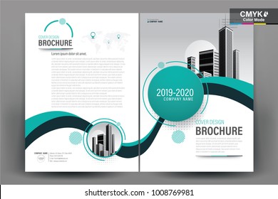  Business Brochure Background Design Template, Flyer Layout, Poster, Magazine, Annual Report, Book, Booklet with Green and Blue Wavy and Building Image. Size A4 Vector Design illustration. 