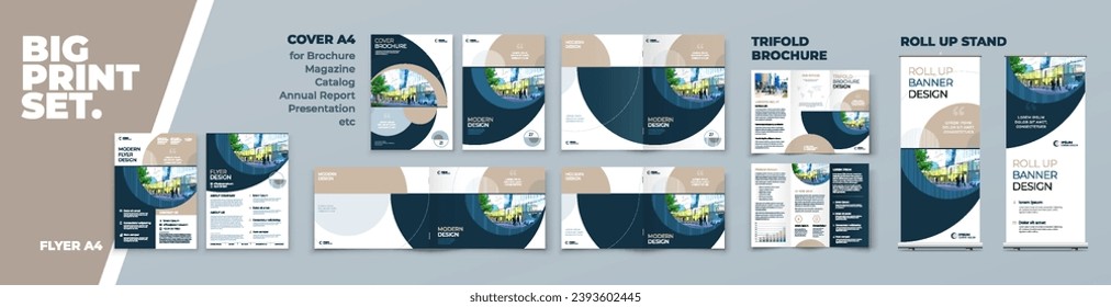 Folleto de portada de folletos comerciales Tri Fold Informe Anual Catálogo Roll Up Banner Corporate Identity Print Template Set with Beige Branding design Business Stationery colección de diseño de fondo. Vector