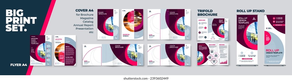 Business Brochure Cover Flyer Tri Fold Annual Report Catalog Roll Up Banner Corporate Identity Print Template Set with Pink Branding design Business Stationery background design collection. Vector