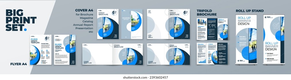 Business Brochure Cover Flyer Tri Fold Annual Report Catalog Roll Up Banner Corporate Identity Print Template Set with Blue Branding design Business Stationery background design collection. Vector