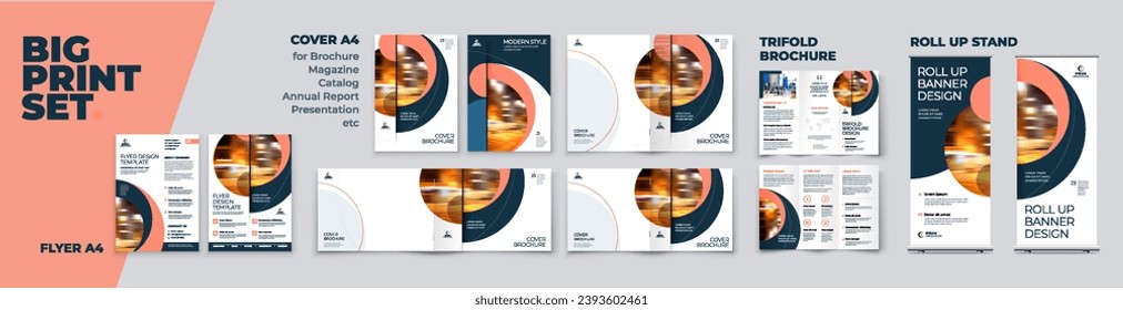 Business Brochure Cover Flyer Tri Fold Annual Report Catalog Roll Up Banner Corporate Identity Print Template Set with Coral Branding design Business Stationery background design collection. Vector