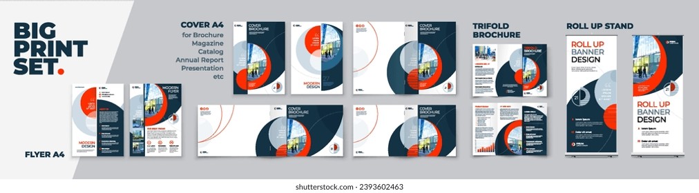 Business Brochure Cover Flyer Tri Fold Annual Report Catalog Roll Up Banner Corporate Identity Print Template Set with Red Branding design Business Stationery background design collection. Vector